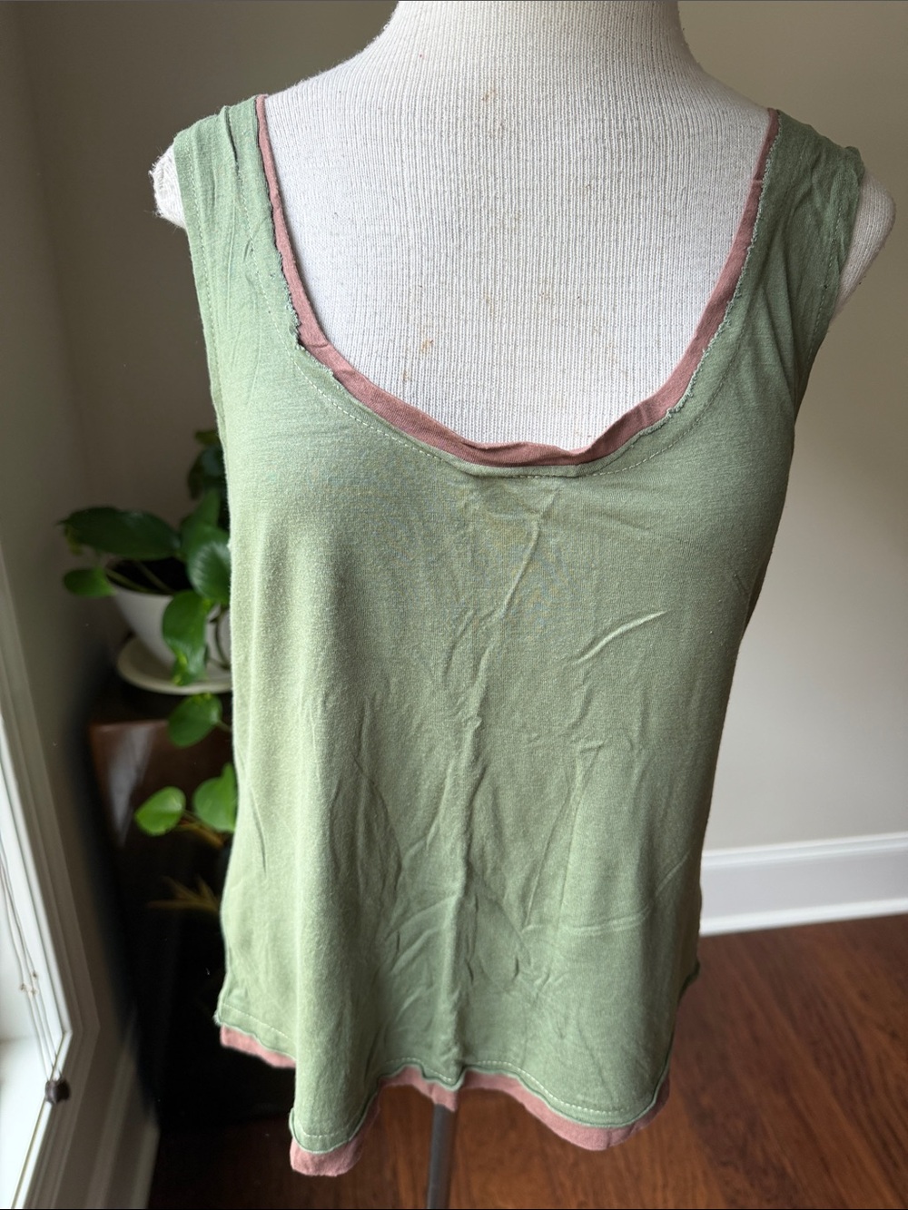 Women's Olive Green Tank with Rose Trim - Casual Layered Look